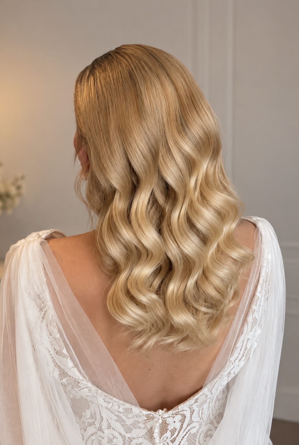 Coiffure waves sur cheveux blonds, ondulations définies vues de dos